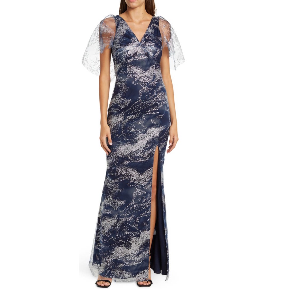 # Marchesa Notte Navy Glitter Tulle Cape Sleeve Gown New With Tag